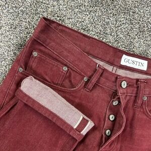Gustin Slim Fit Raw Selvedge Denim Jeans Burgundy Mens No Size Tag Fits 31x27.5
